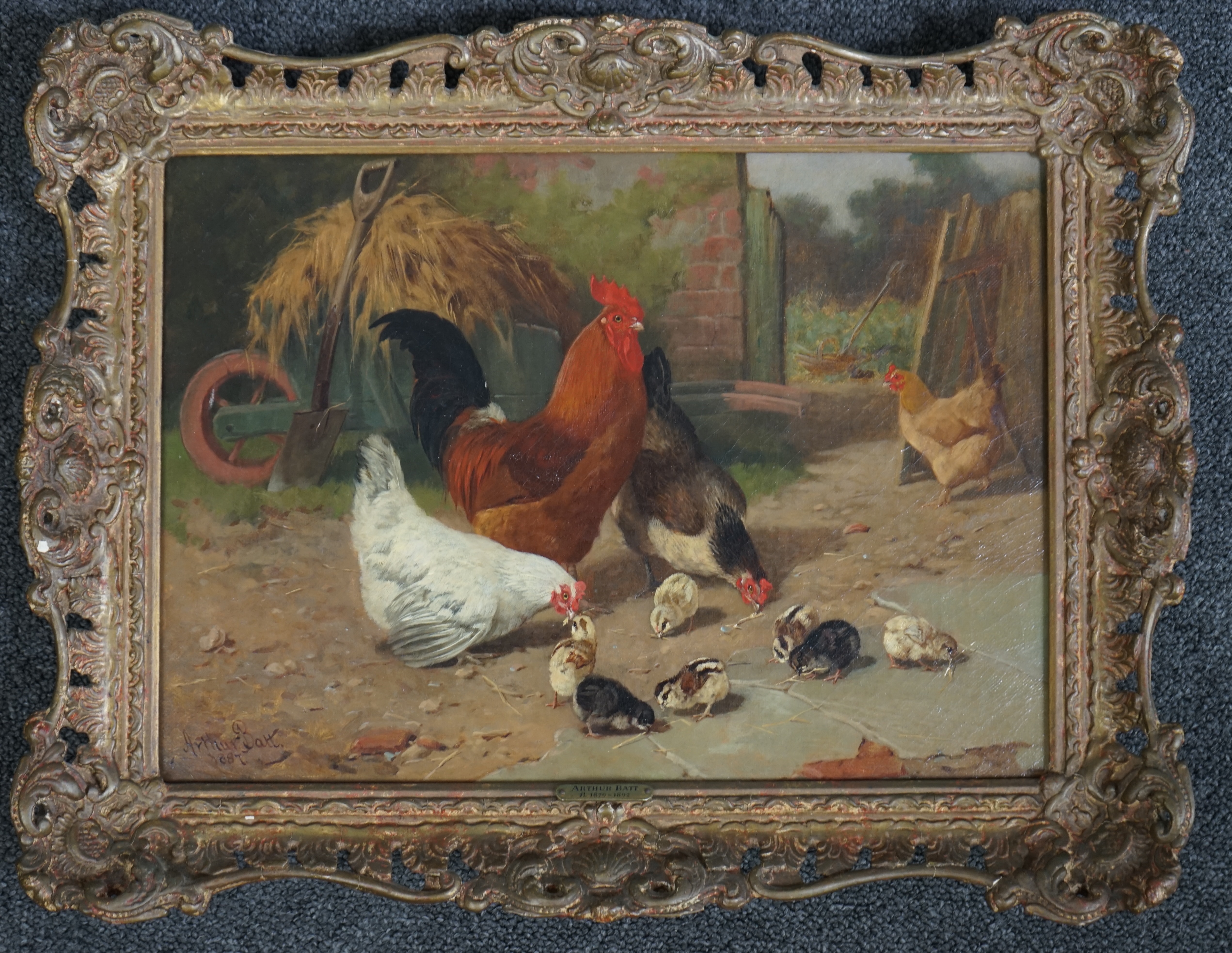 Arthur Batt (English, 1846-1911), Chickens in a farmyard, oil on canvas, 25 x 35cm